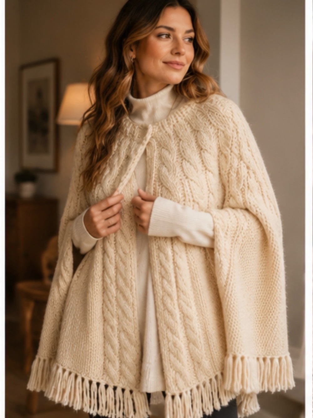 Chunky Aran Fisherman Cable Knit Cape Sweater Cream Fringe Poncho M Luxury